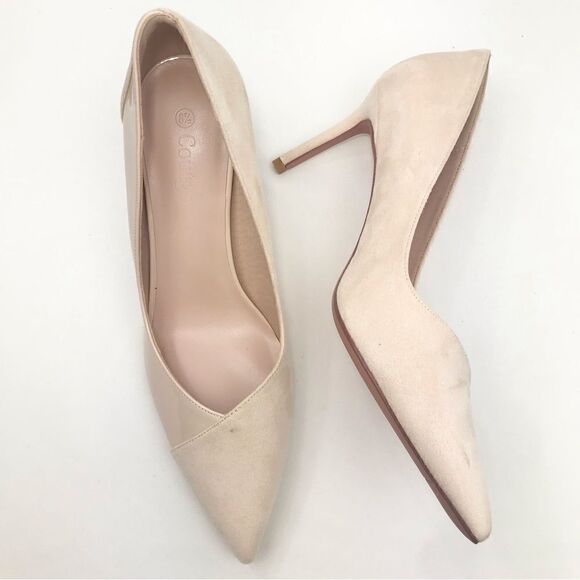 Coutgo Cream Patent Leather Faux Suede Pointed Toe Heels - Picture 3 of 11